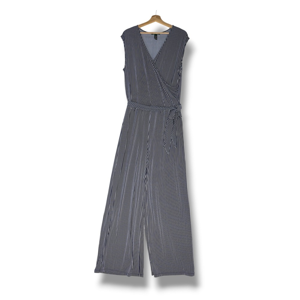 Ralph Lauren Navy White Pinstripe Wrap Wide Leg Jumpsuit Womens XL Surplice Tall